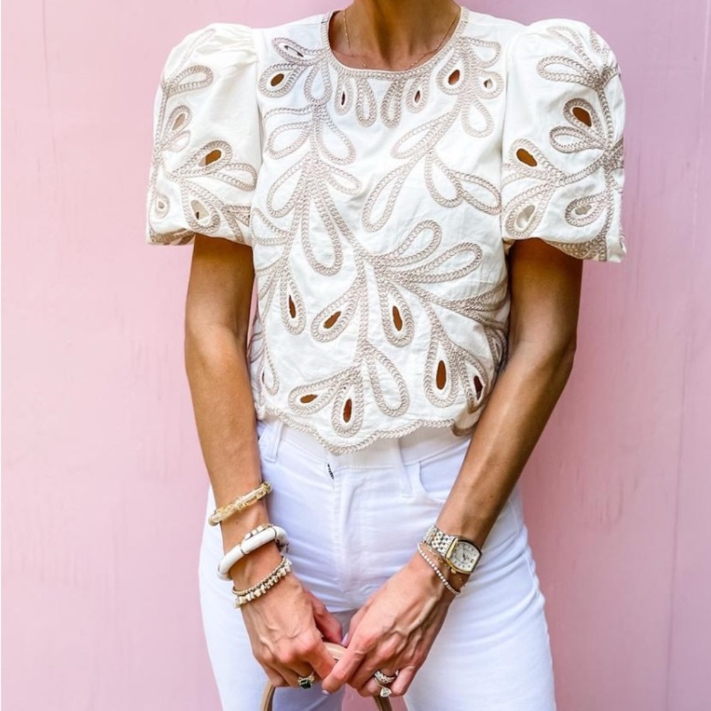 Women's Cream Eyelet Puff Sleeve Top